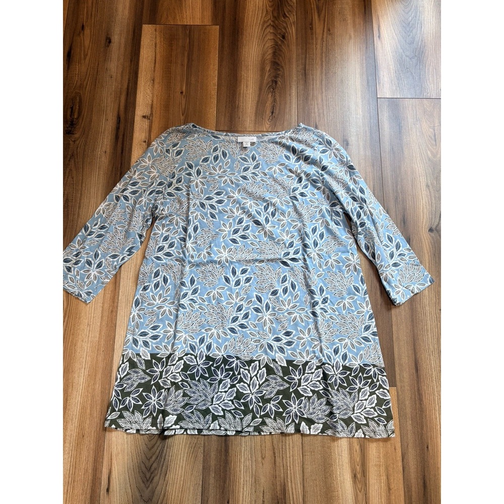 J Jill Tunic Shirt Women Petite Medium Blue Leaves Fall 3/4 Sleeve Cotton Modal